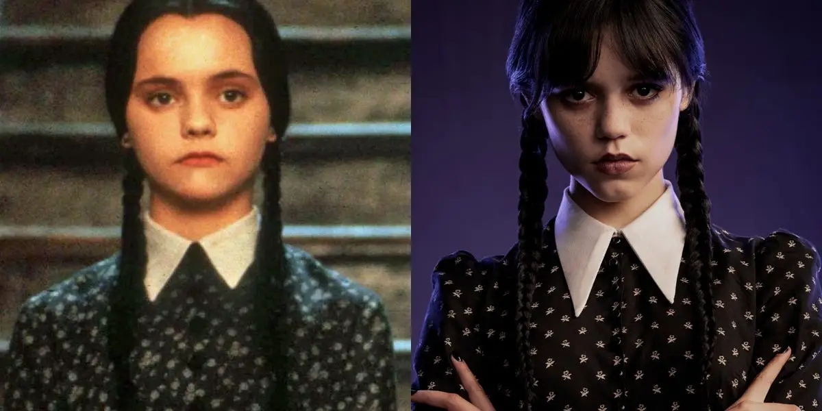 Portrait comparison of the original Wednesday Addam from The Addams Family 1991 movie and Wednesday from Netflix Wednesday series