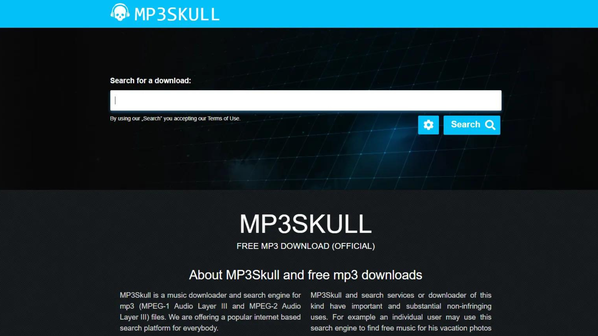 Mp3skull.com webpage with search button in the middle