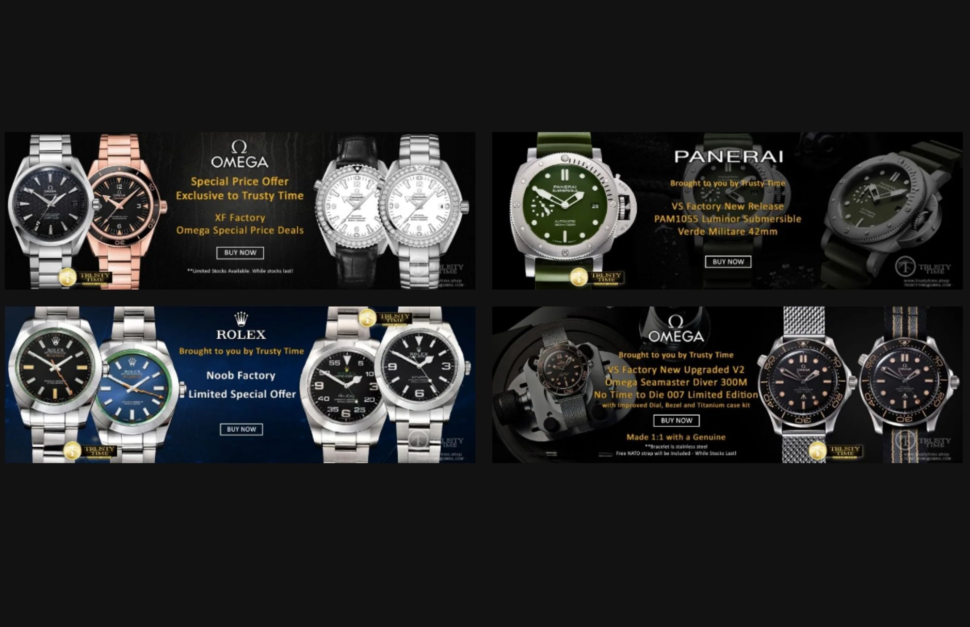 Various well-known watch brands such as Omega, Panerai, Rolex, and TrustyTime's upgraded Omega brand