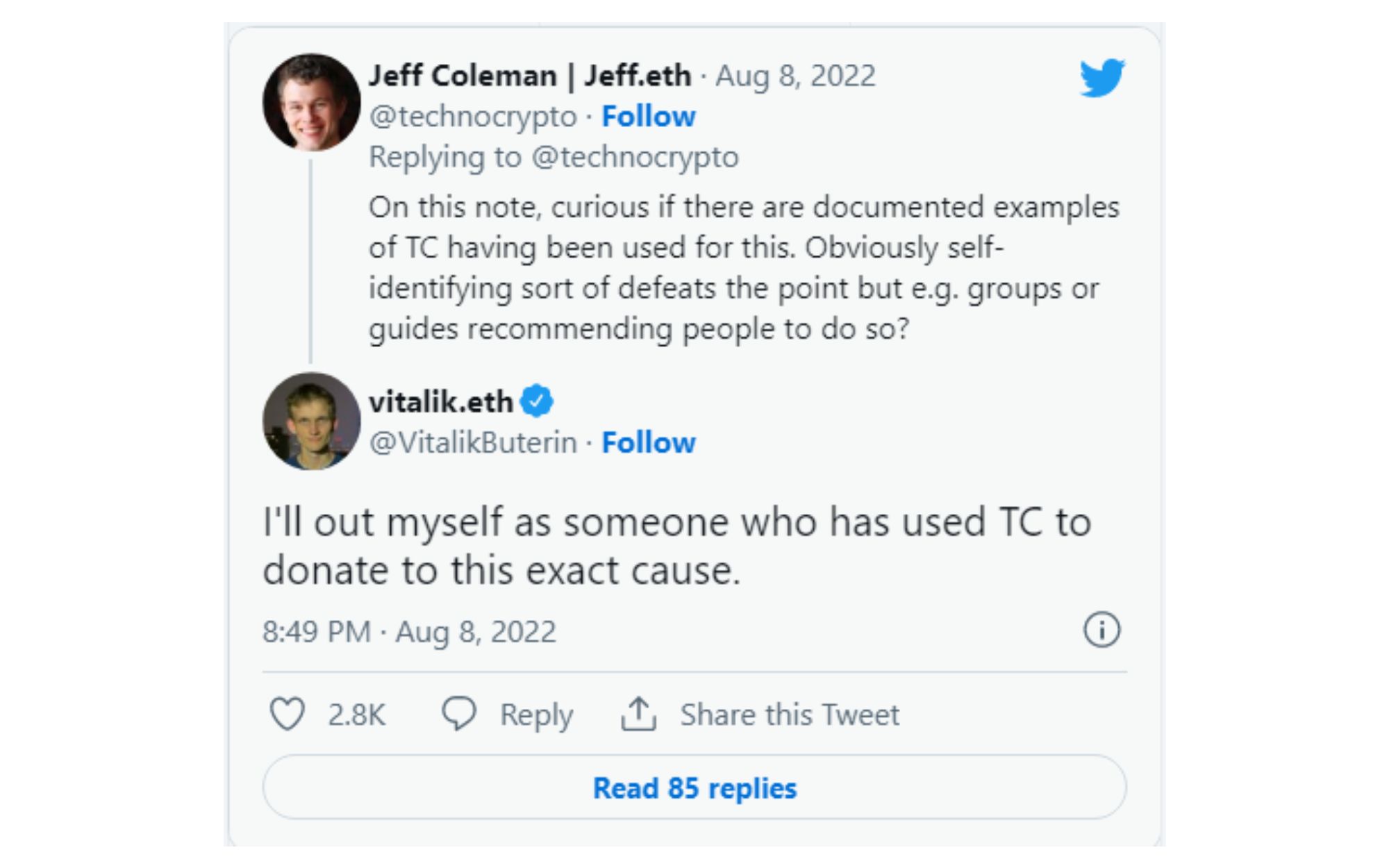 A screenshot of twitter newsfeed showing Vitalik replied to Jeff Coleman twitter post