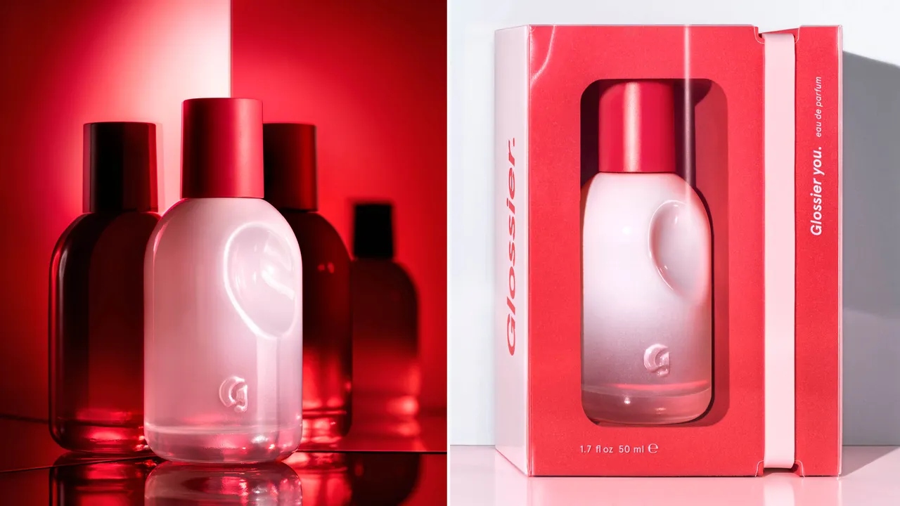 Pink Glossier You bottle on a red background; Glossier You package on a white background