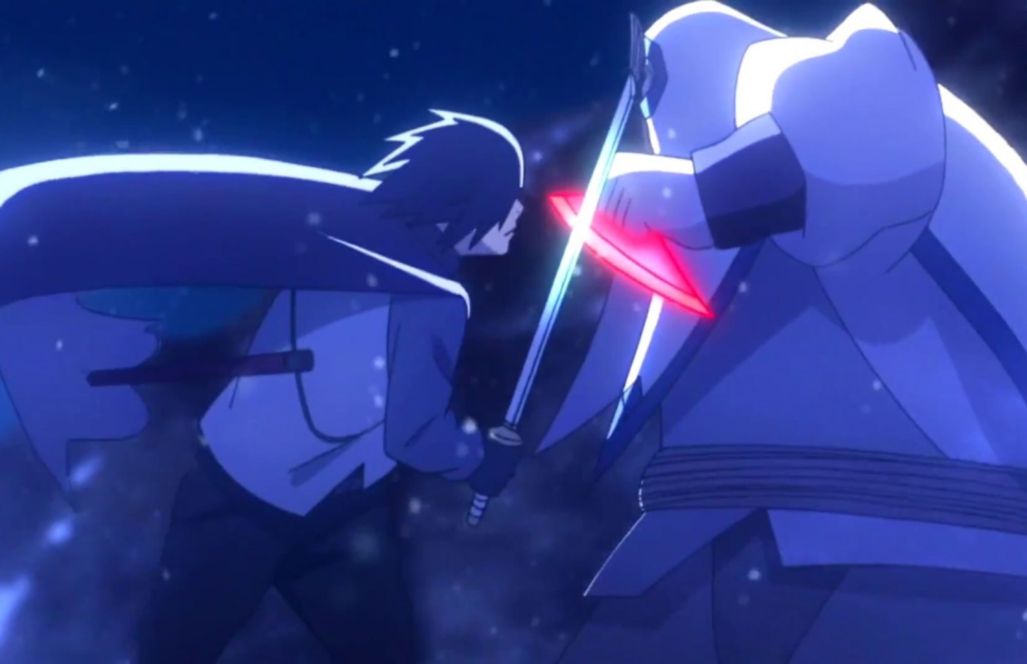 Sasuke attacks Kinshiki Tsutsuki with his swordmanship skills, while his opponent uses a sharp metal blade