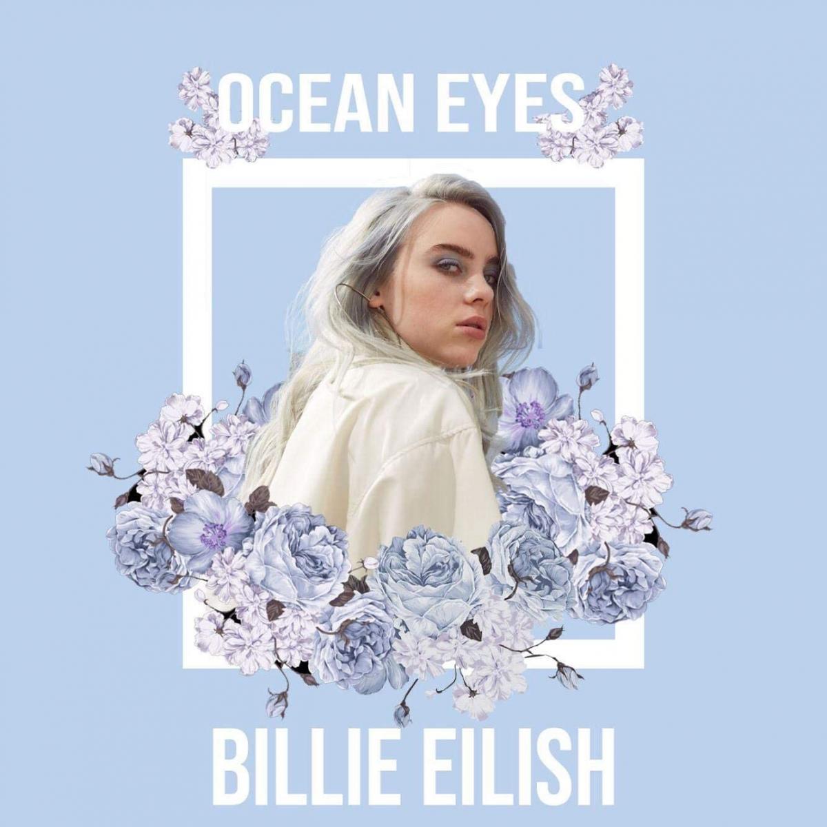 Billie Eilish with grey hair and blue eyeshades for ocean eyes  