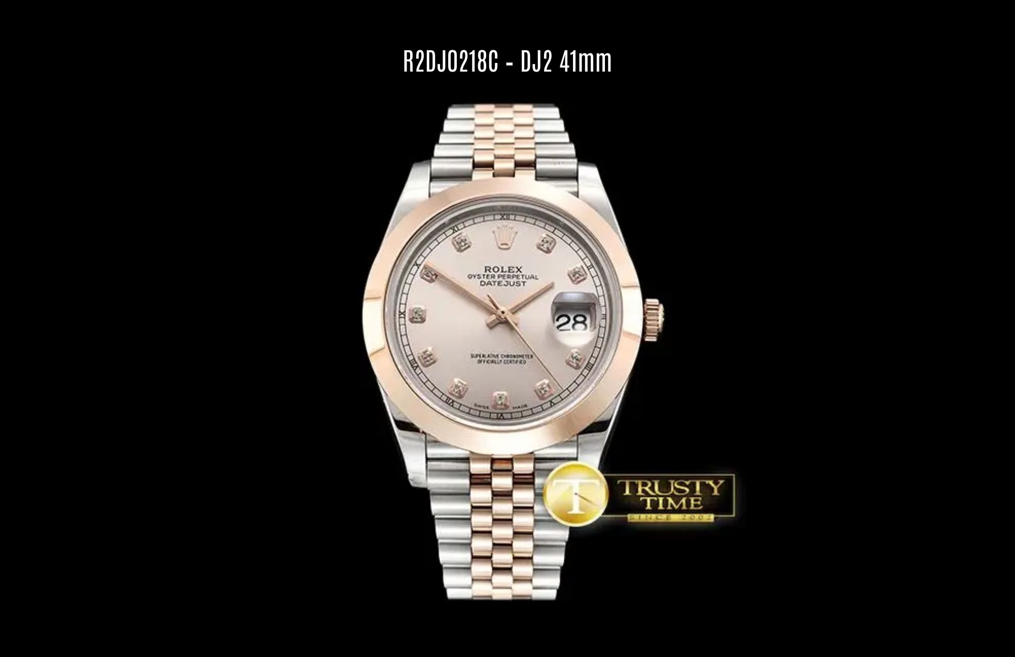 R2DJ0218C – DJ2 41mm shows its 18K rose gold thick plated on solid stainless steel and grey dial with diamond markers