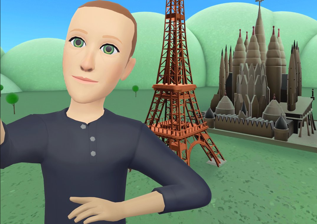 Avatar of Mark Zuckerberg in dark three-buttoned long sleeve shirt, with the Eiffel Tower and some structures