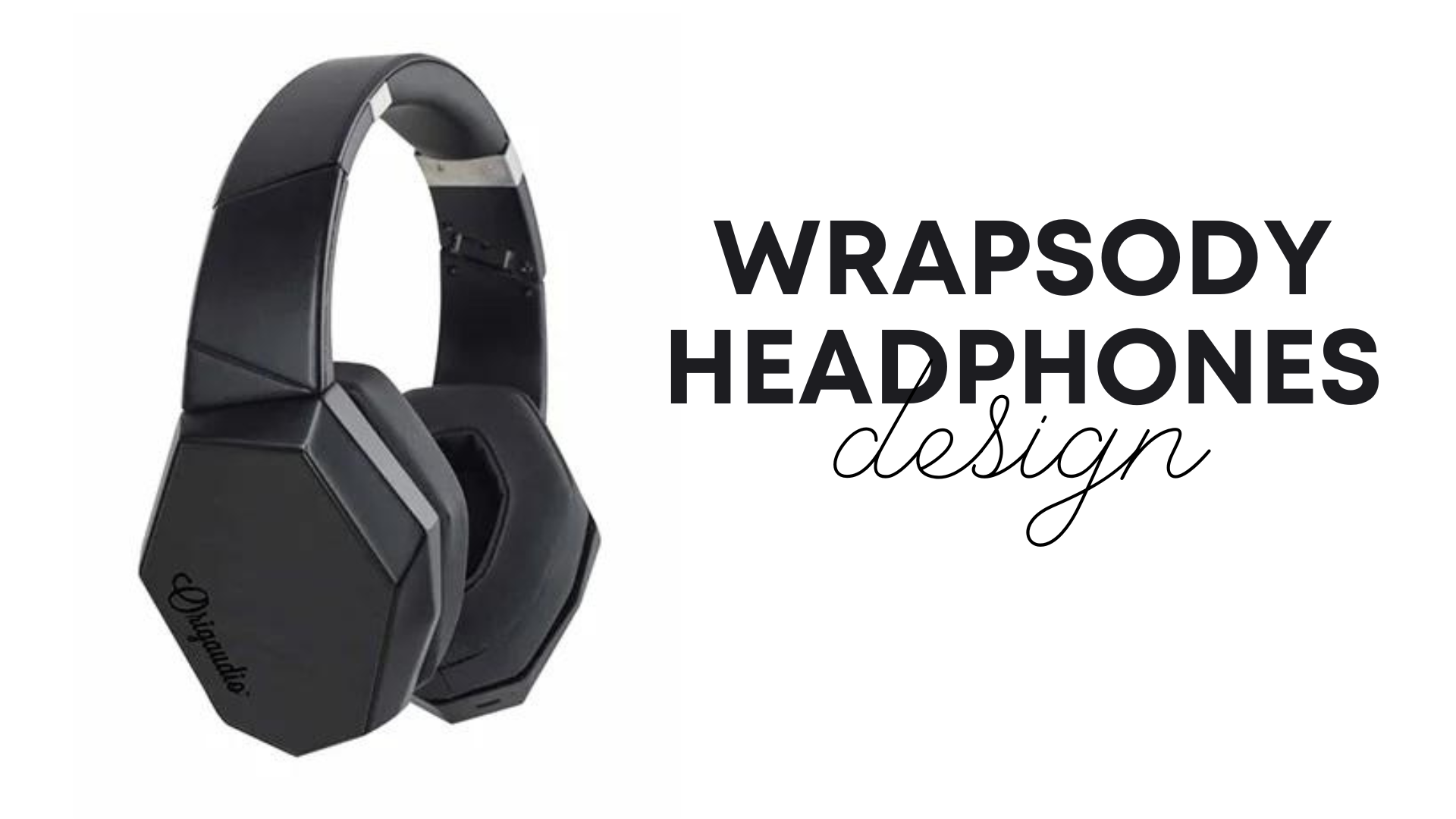 A black headphones with words Wrapsody Headphones design on the right