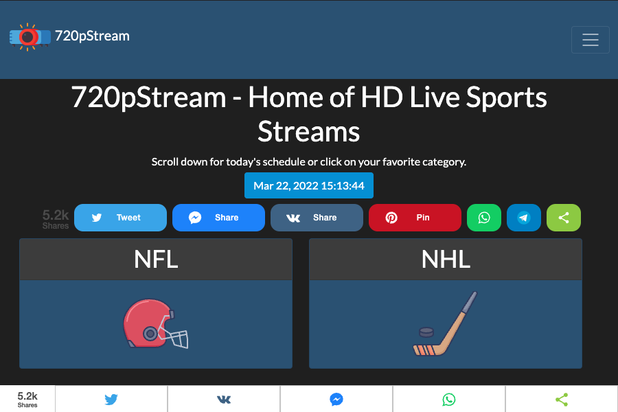720pStream website showing NFL and NHL options