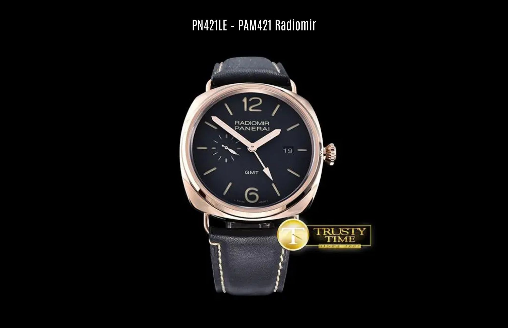 PN421LE – PAM421 Radiomir shows its leather strap with pre V Buckle and black dial