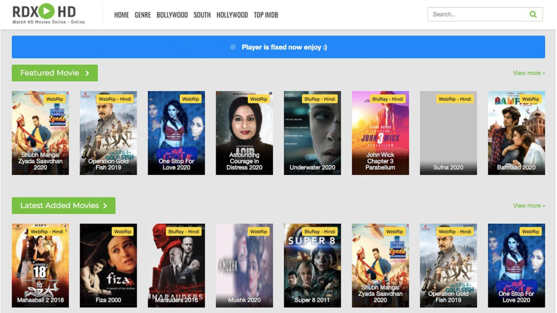 Rdxhd.net webpage with various movie covers with search button on the upper left