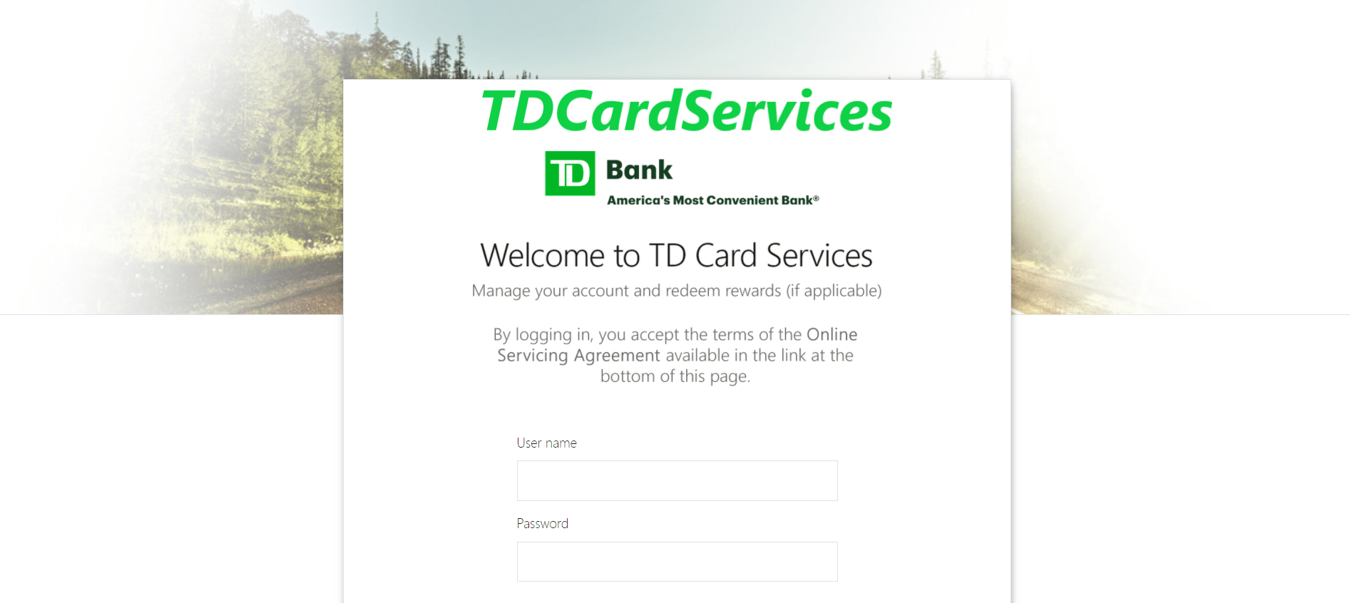 TDCardServices login details, including username and password, with the blurred background of trees and road.