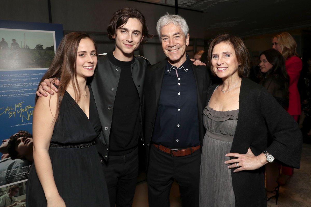 Marc Chalamet, wearing a formal attire, Timothee wearing a black jacket, Pauline, wearing a black dress and Nicole Flender wearing a gray dress