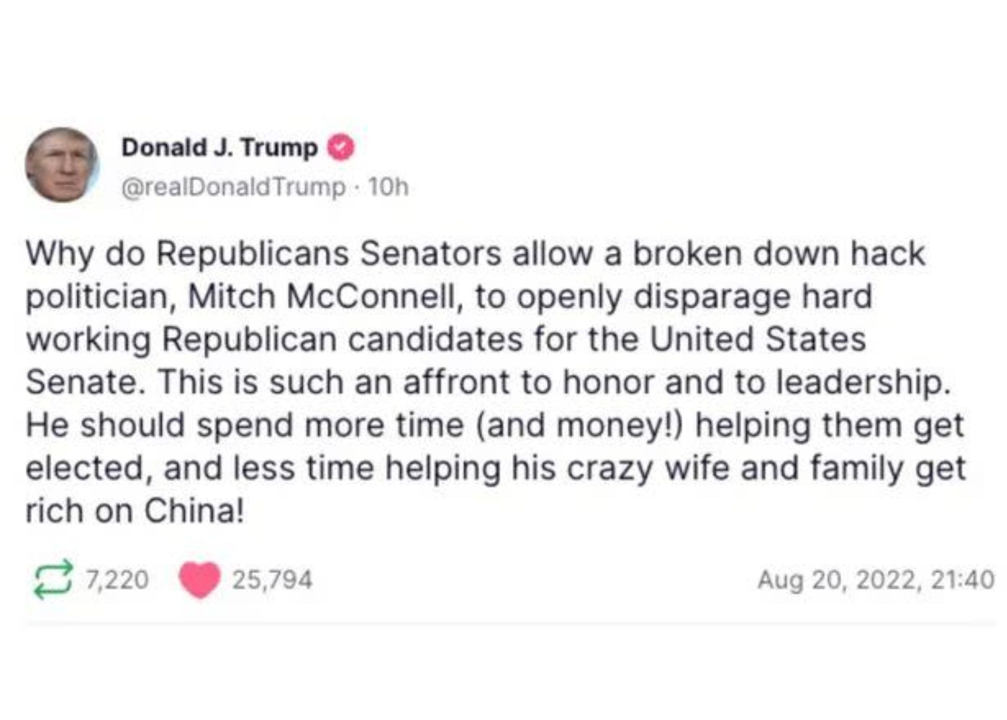 A screenshot of Donald Trump Post on Truth Social with 25,794 hearts