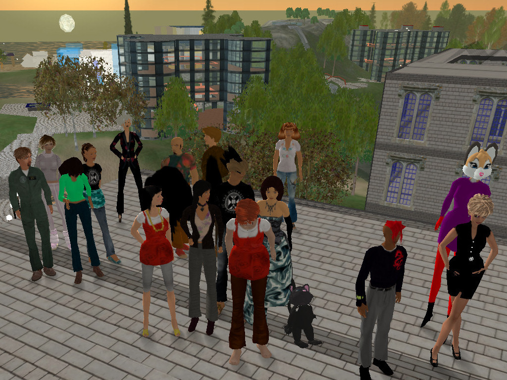 Male and female avatars with two animal avatars standing on a brick road in a virtual city