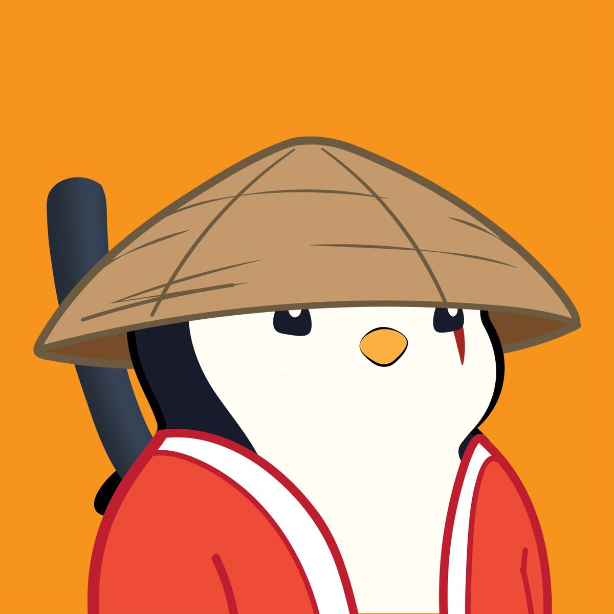 A penguin wearing brown hat, hanging sword and with a red mark under one eye