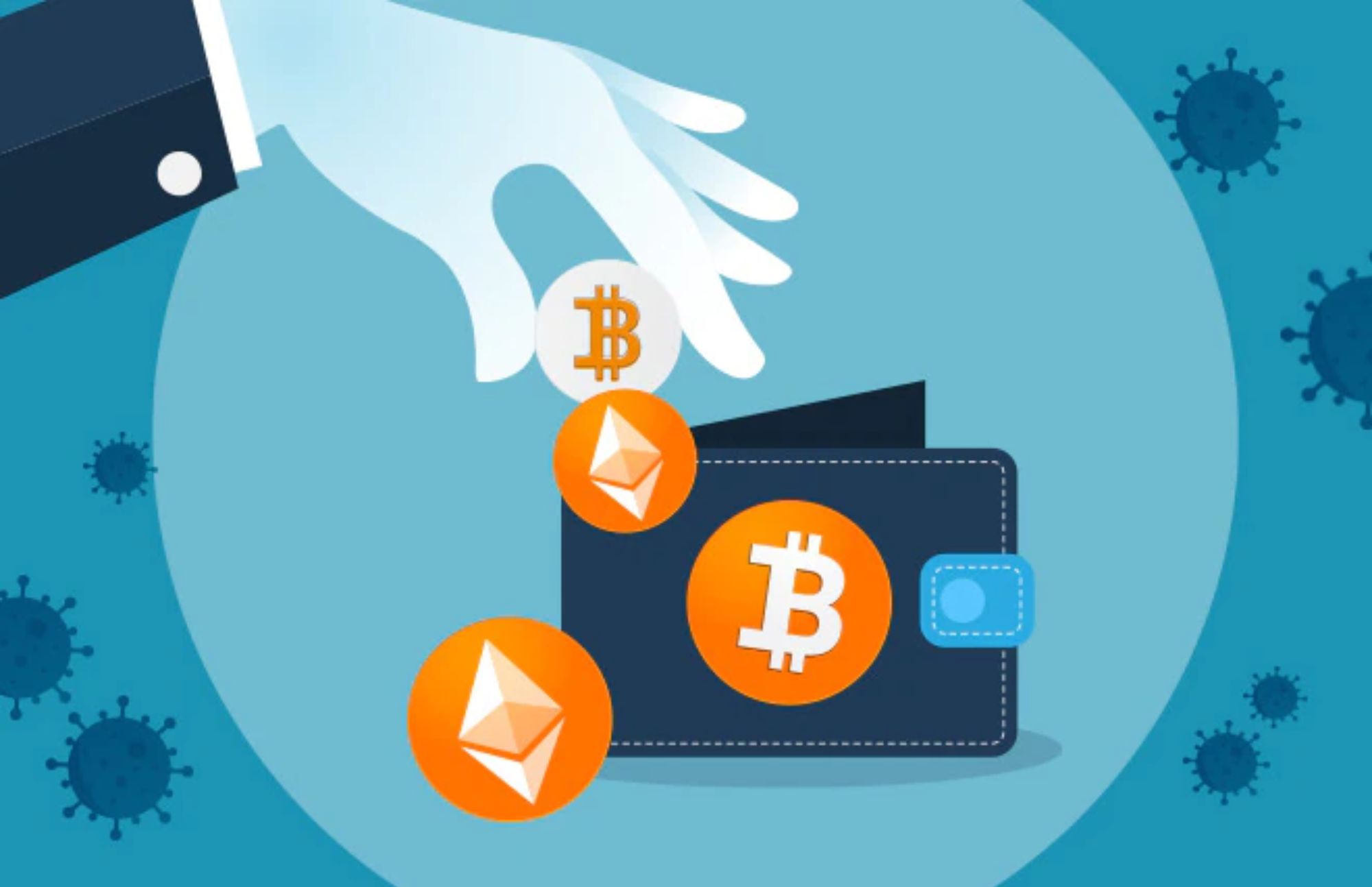 A hand inserting a bitcoin into a wallet containing two etherium coins