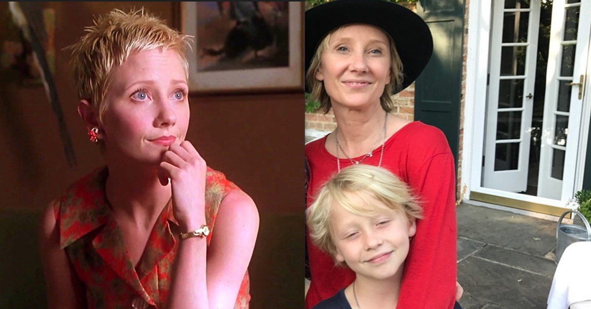 A young Anne Heche on the left and on the right, as a mother, with her son
