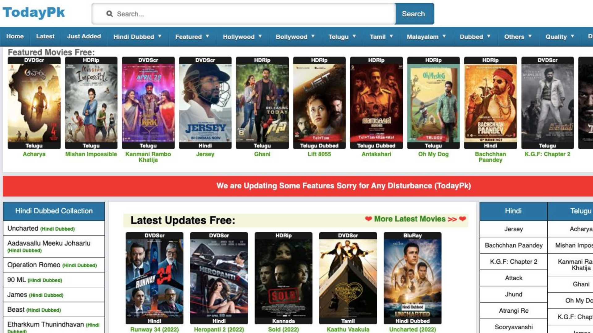 Todaypk 2021 webpage with various movie covers and search bar on the top