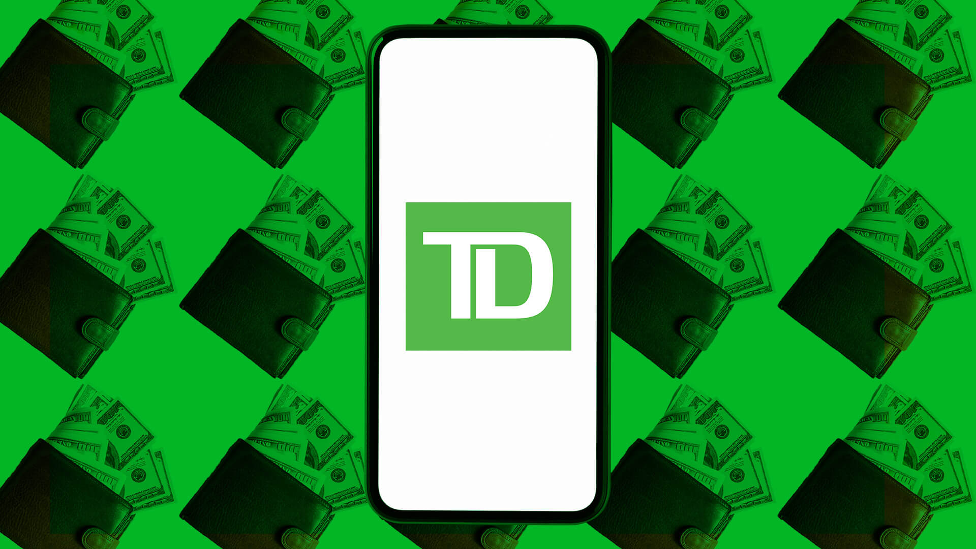 Phone with TD logo with money wallets in the green background
