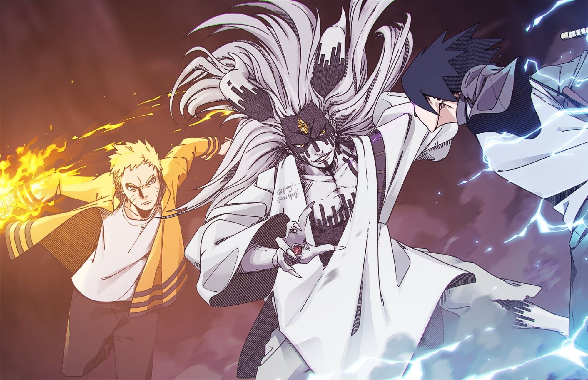 Naruto, who has flames on his hands, and Sasuke, who has electric powers, fight a man named Otsutsuki god in the middle