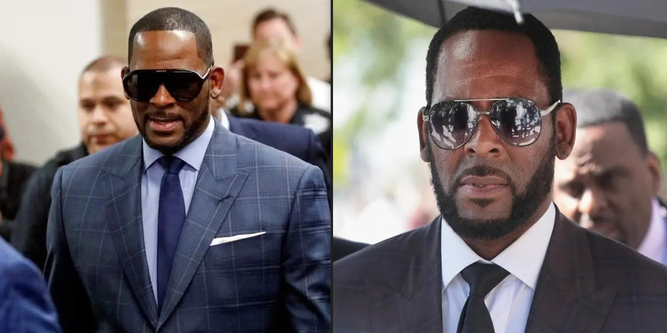 R. Kelly in a coat and tie and dark glasses in two different occasions