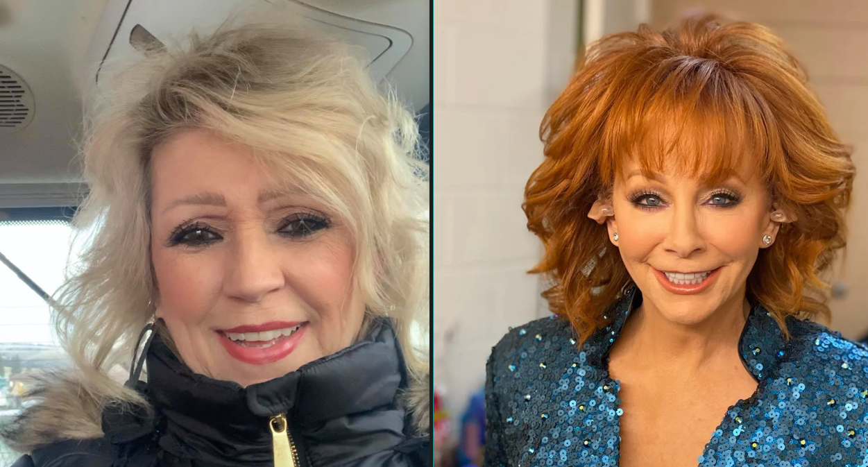 Elisa Gayle Ritter in black zipped-up winter jacket and Reba McEntire in blue sequined clothes