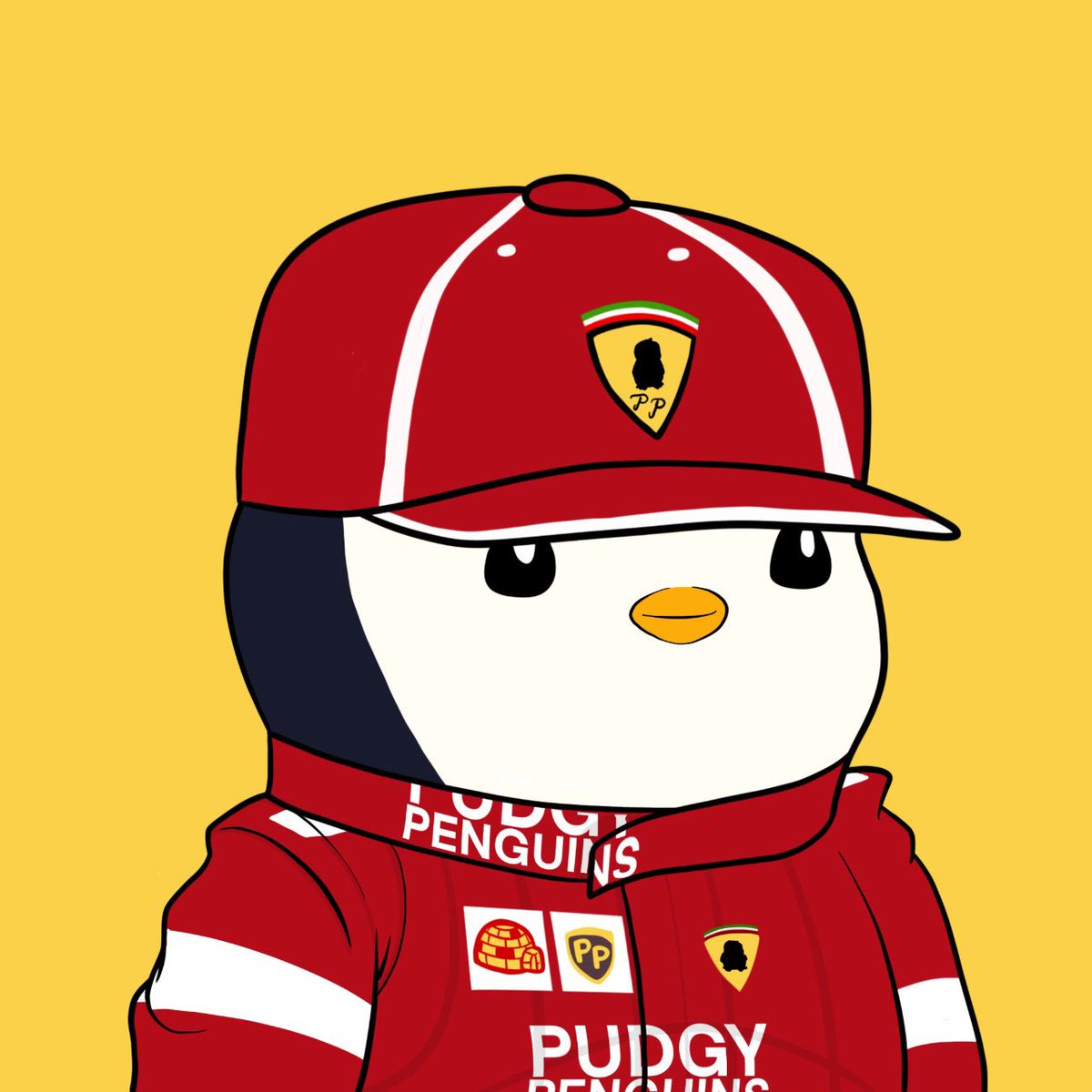 A cartoon penguin, in a yellow background, wearing red cap and jacket