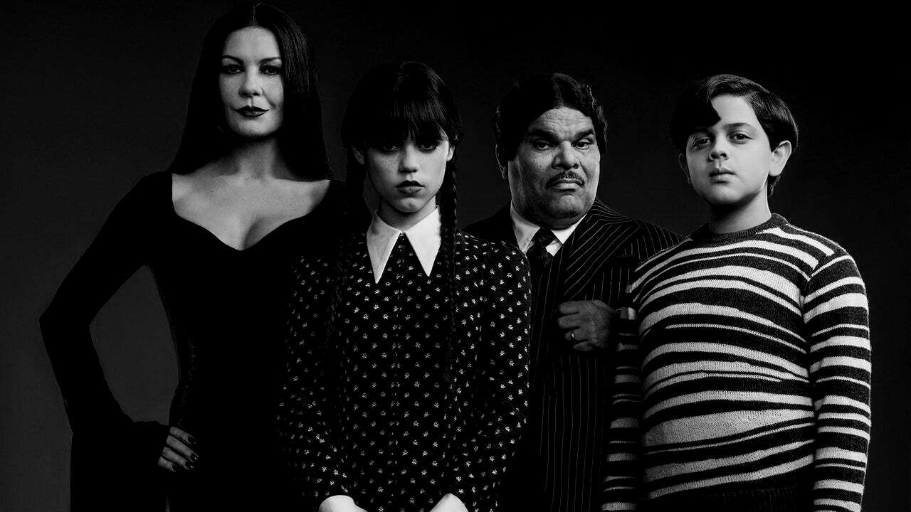 Black and white portrait of the Addams Family from the Wednesday