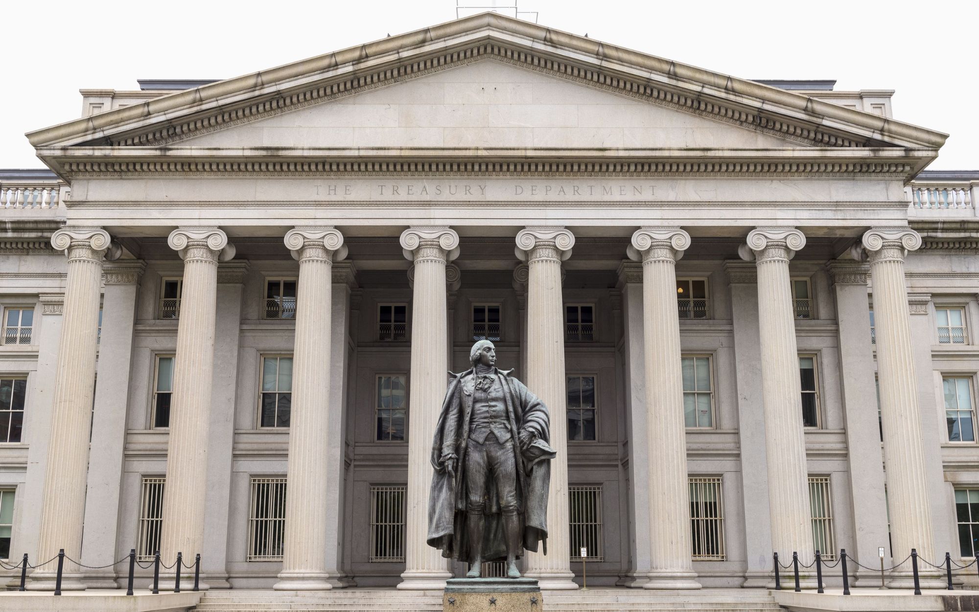 The Treasury Department building, with a statue of Albert Gallatin, the 4th Secretary of the Treasury, in front of it