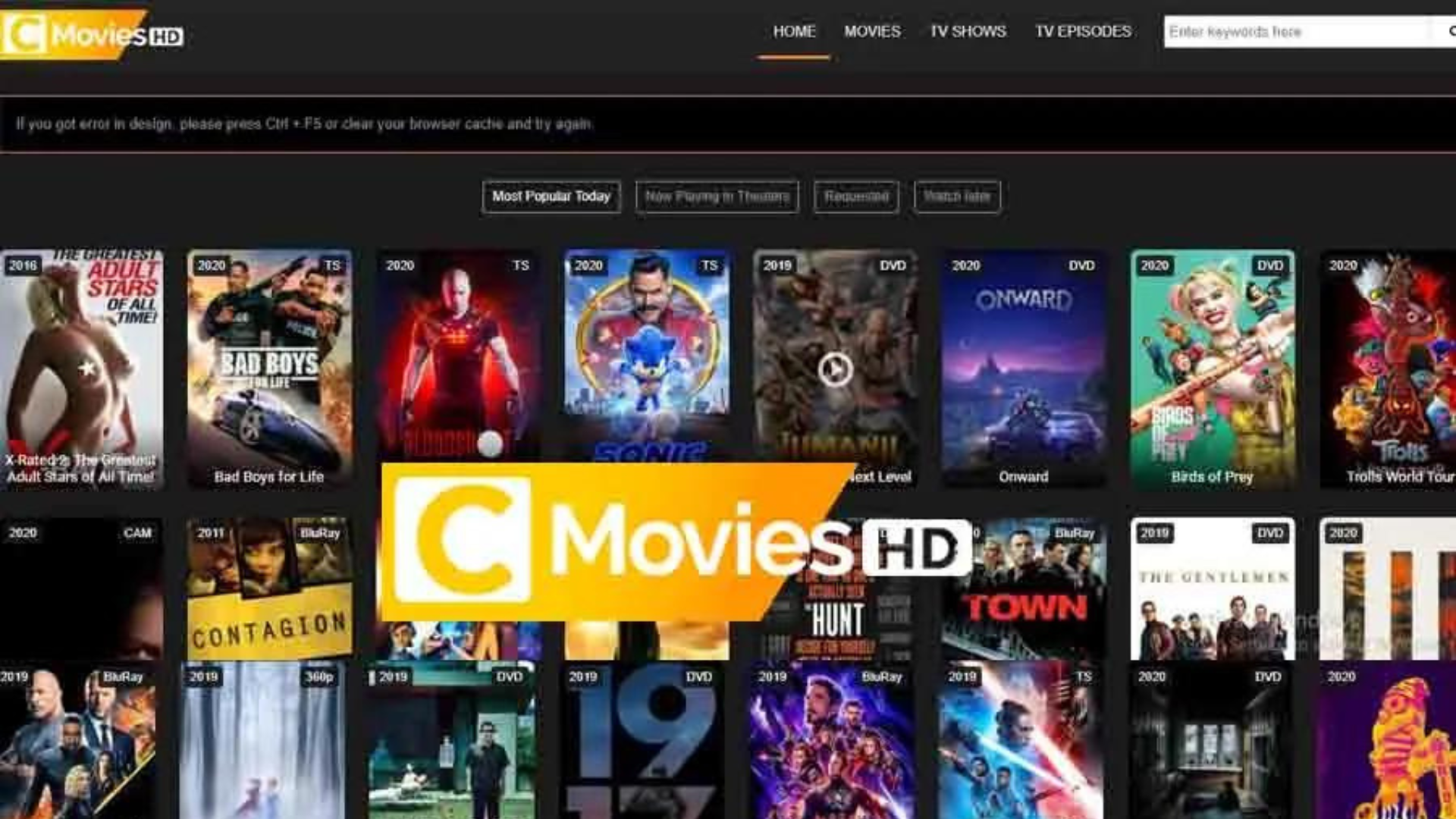 C Movies webpage with various movie covers with search button on upper right corner