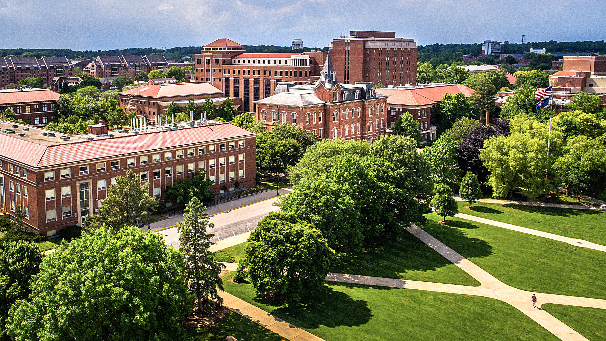 Purdue University buildings and school grounds with neatly cut grass