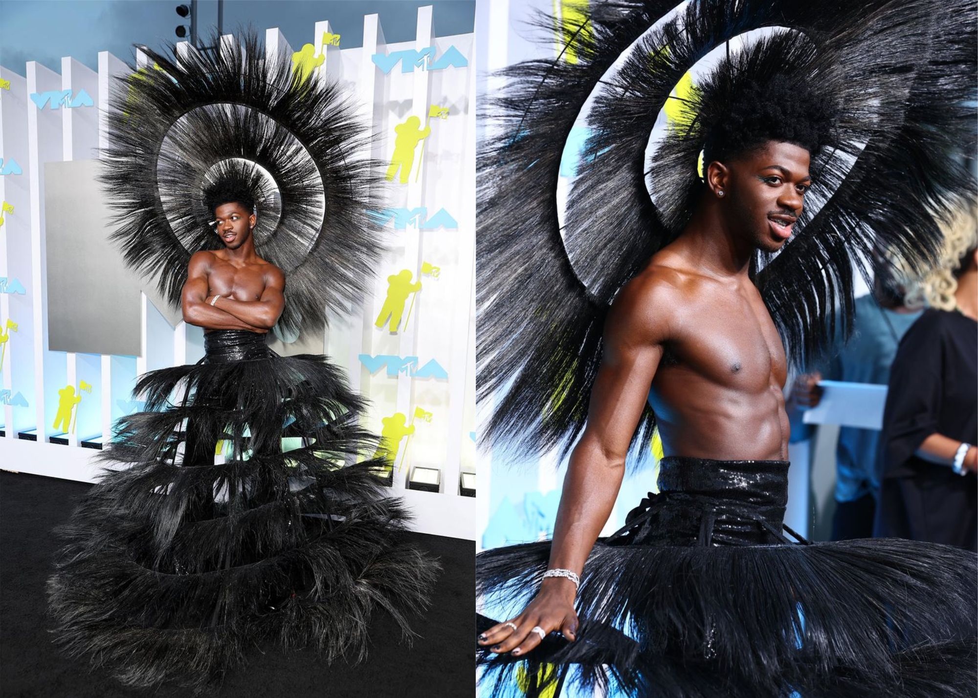 Montero Lamar Hill with the stage name known as Lil Nas X wears a black feathered outfit and headpiece