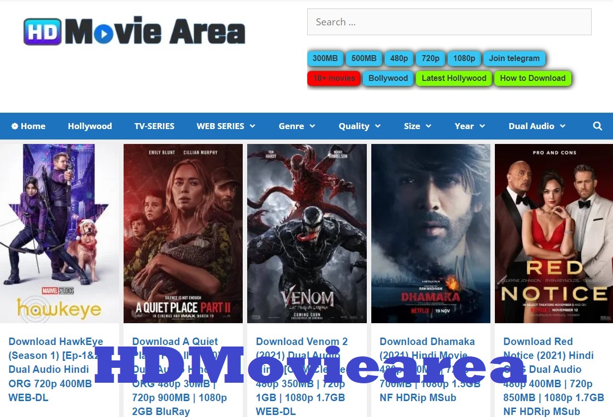 HDMoviearea interface exhibiting different movies