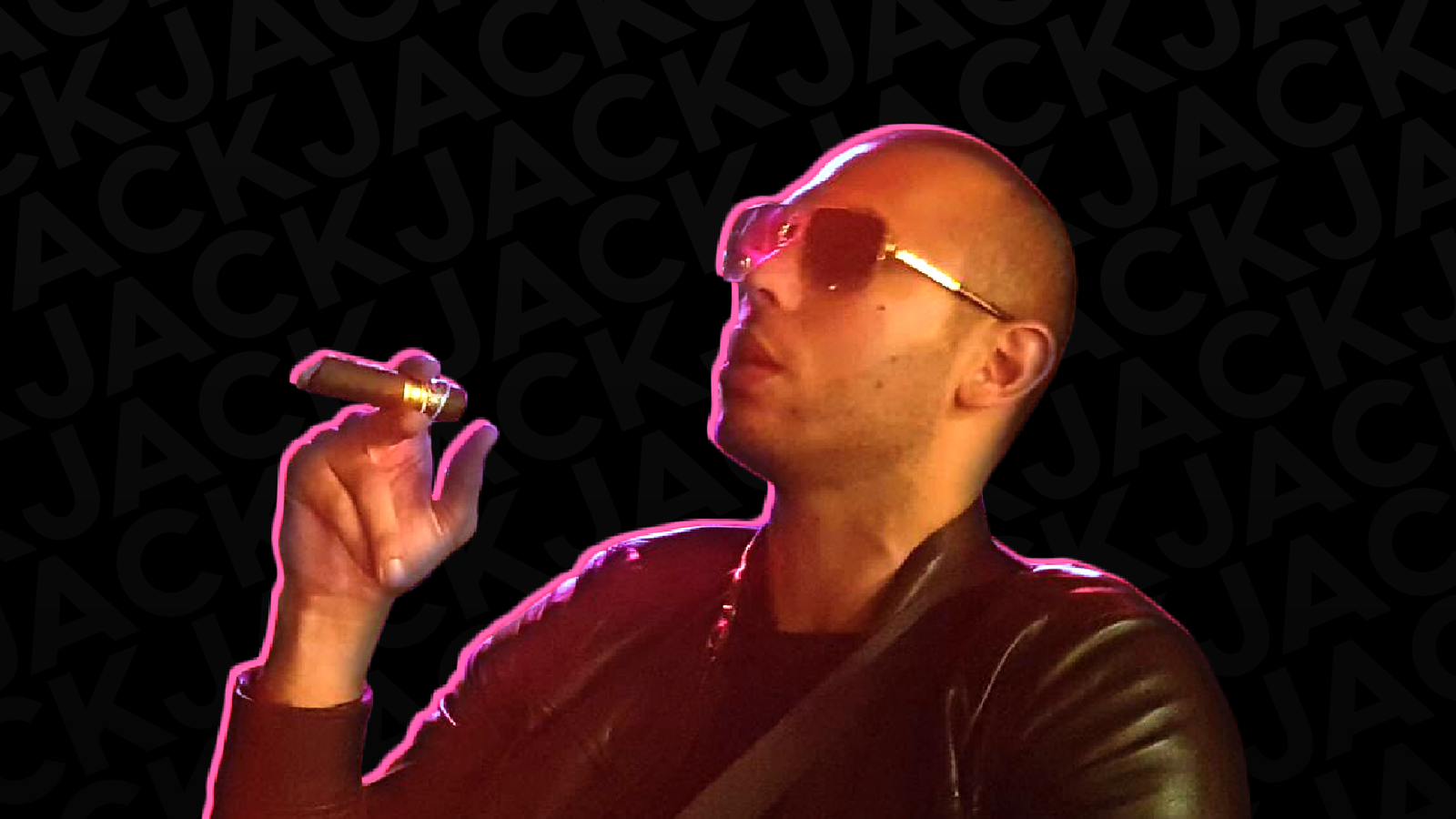 Andrew Tate with sunglasses and black leather jacket while holding a cigar
