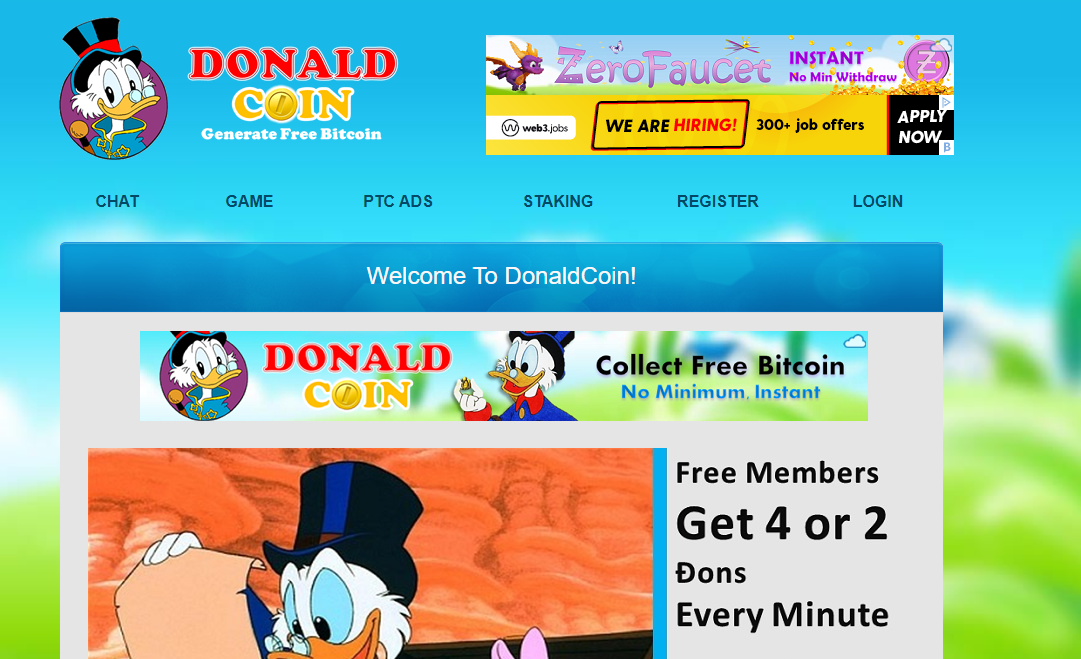 Homepage of Bitcoin generator game DonaldCoin showing Scrooge McDuck