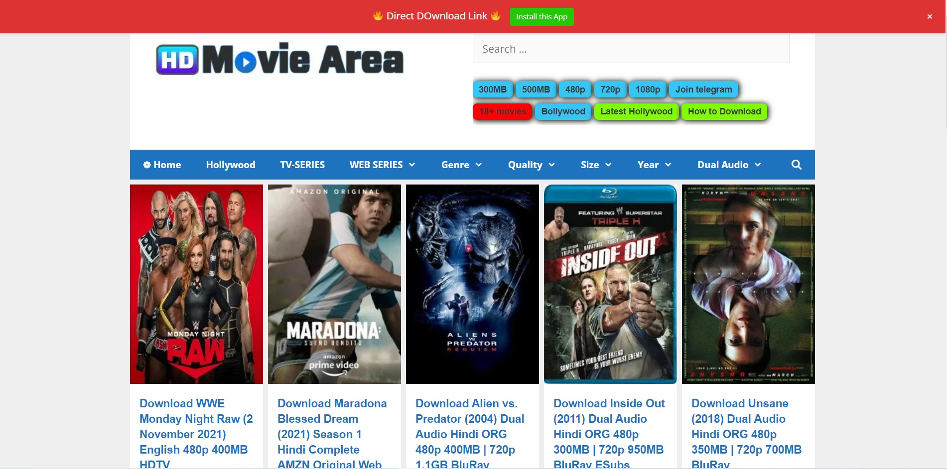 HDMovieArea website with Hollywood movies suggestions