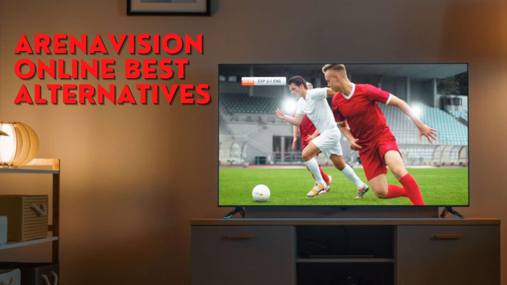 A big tv showing men playing sports placed on top of wooden cabinet 