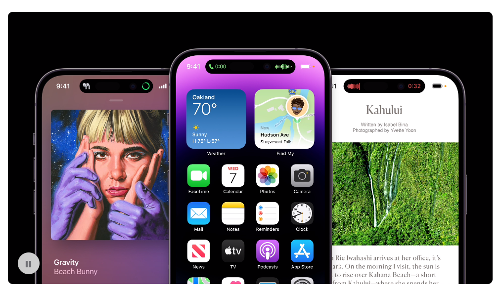 Three representations of iPhone 14 showing different images on the screen and the elongated black Dynamic Island