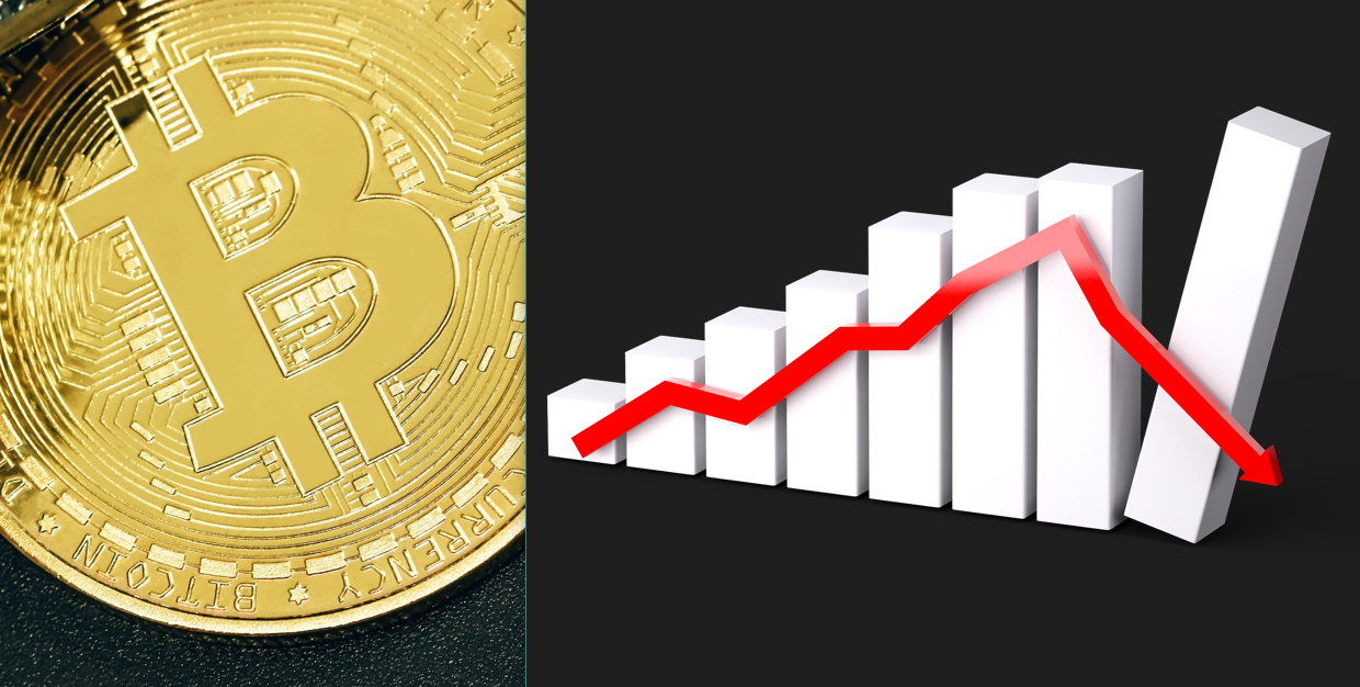 A gold Bitcoin beside a white bar graph with a red arrow heading downward at the end