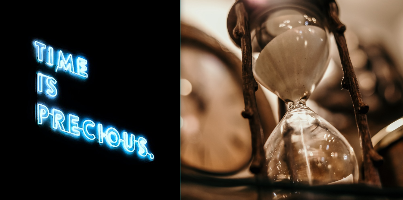 A light blue neon sign that says ‘time is precious; an hourglass, with a blurred clock in the background