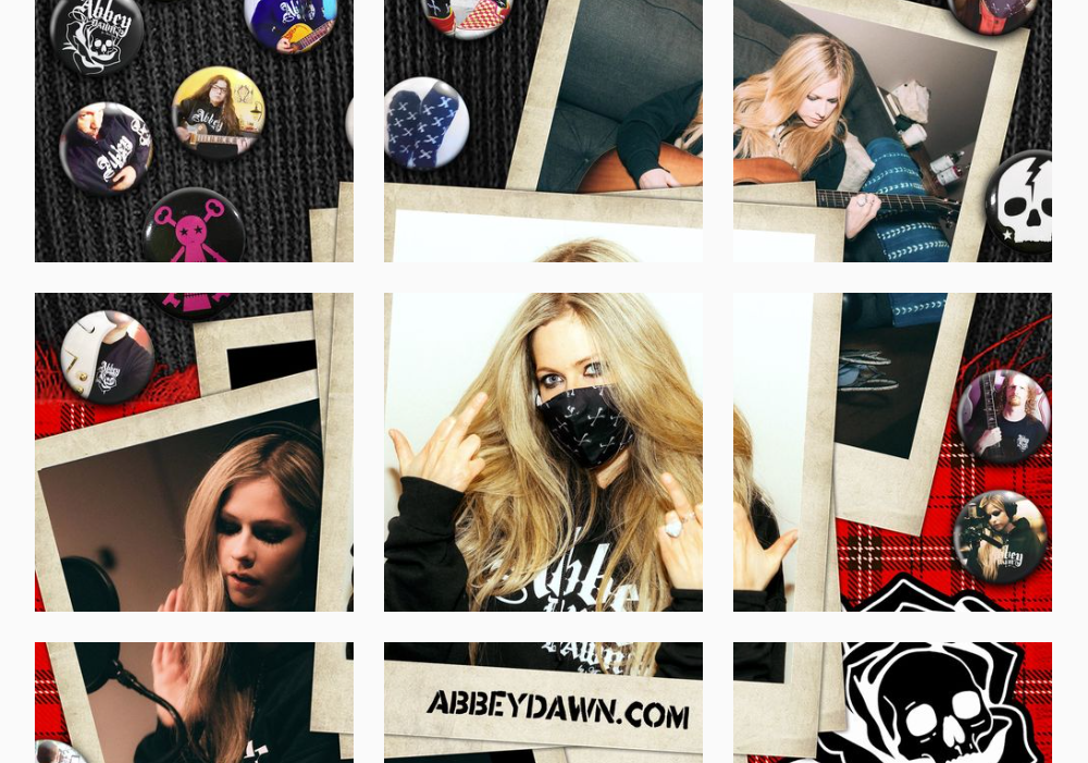 Collage of nine Instagram posts showing Avril Lavigne for Abbey Dawn clothing line