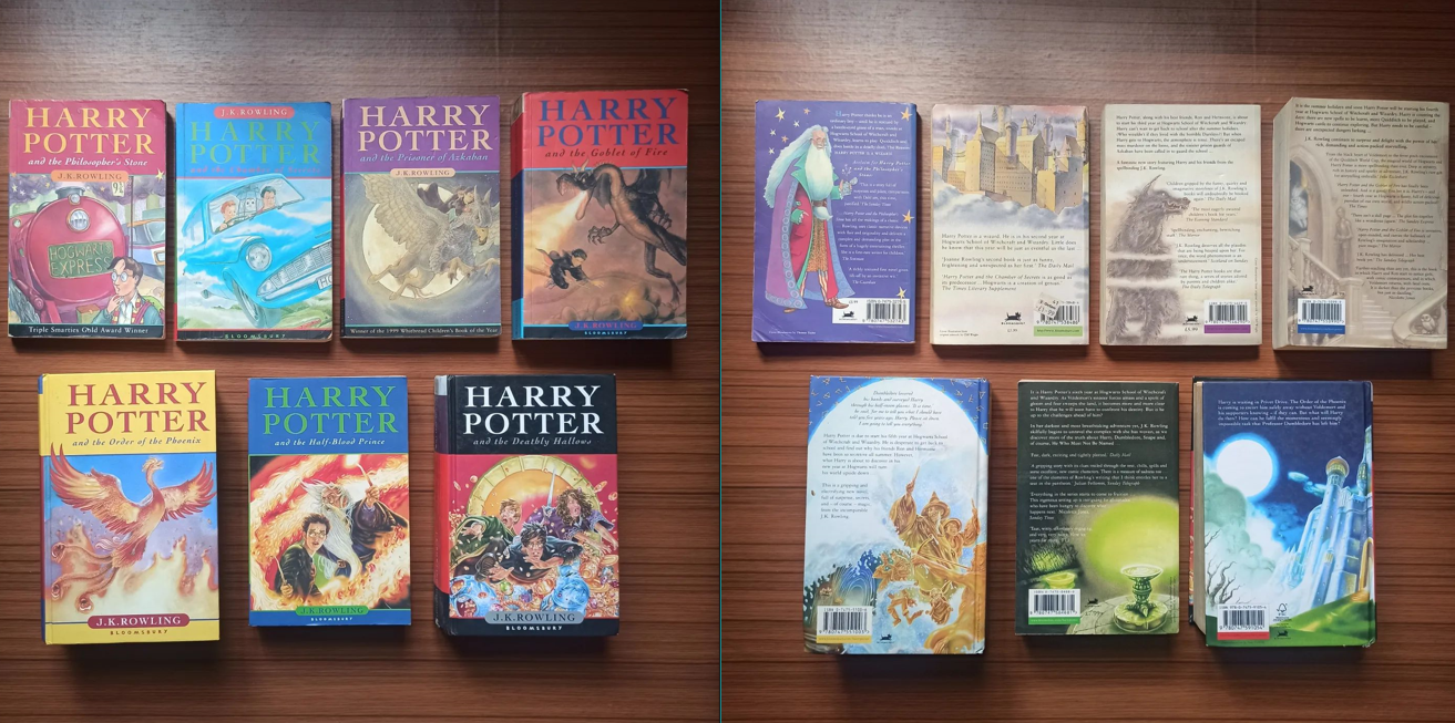 Front and back covers of the seven hardbound copies of ‘Harry Potter’ 
