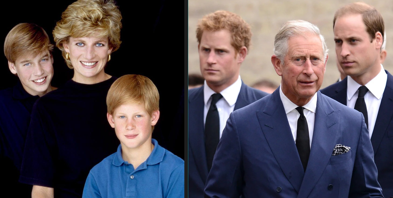 Diana with young William and Harry; Charles with grown-up William and Harry all in suits
