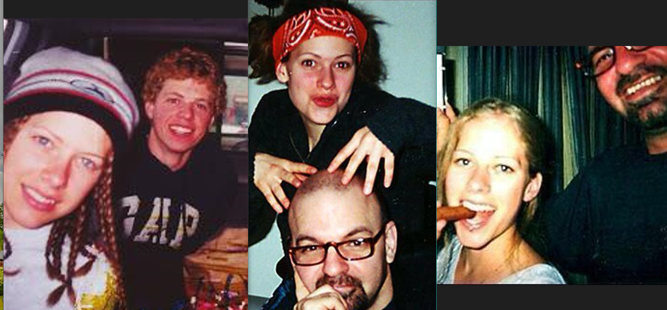 Avril Lavigne in braids with brother Matthew, touching the shaved head of Cliff Fabri and a cigar on her mouth