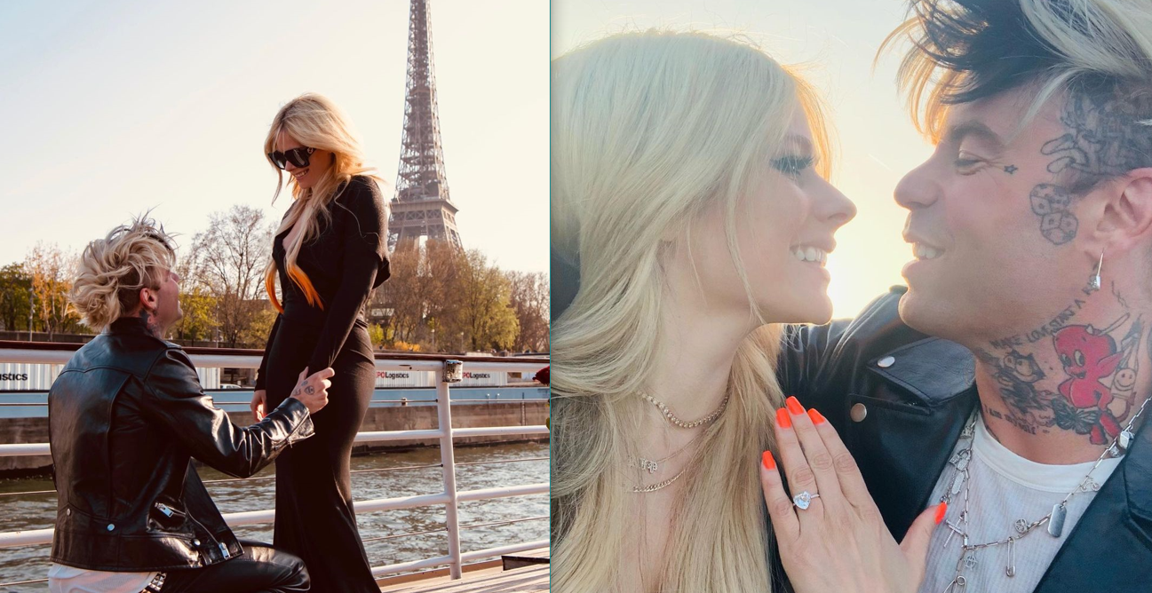 Mod Sun, on bended knee, proposes to Avril Lavigne; Avril shows her heart-shaped diamond engagement ring