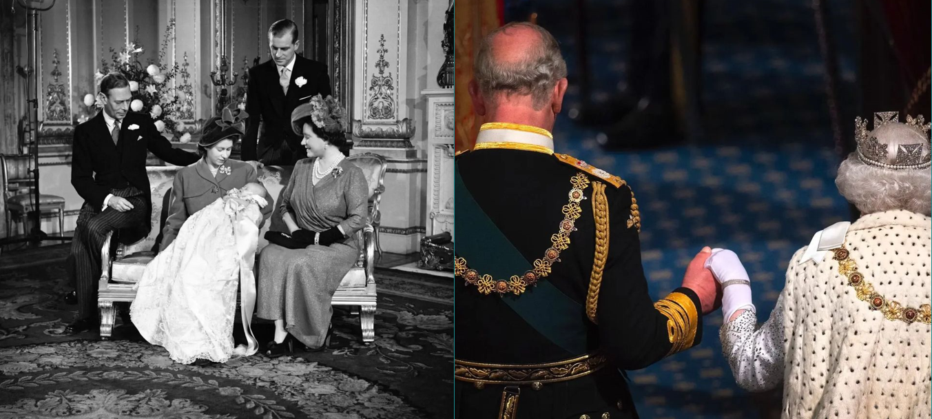 Queen Elizabeth II carrying an infant Prince Charles and then holds hands with an adult Prince Charles