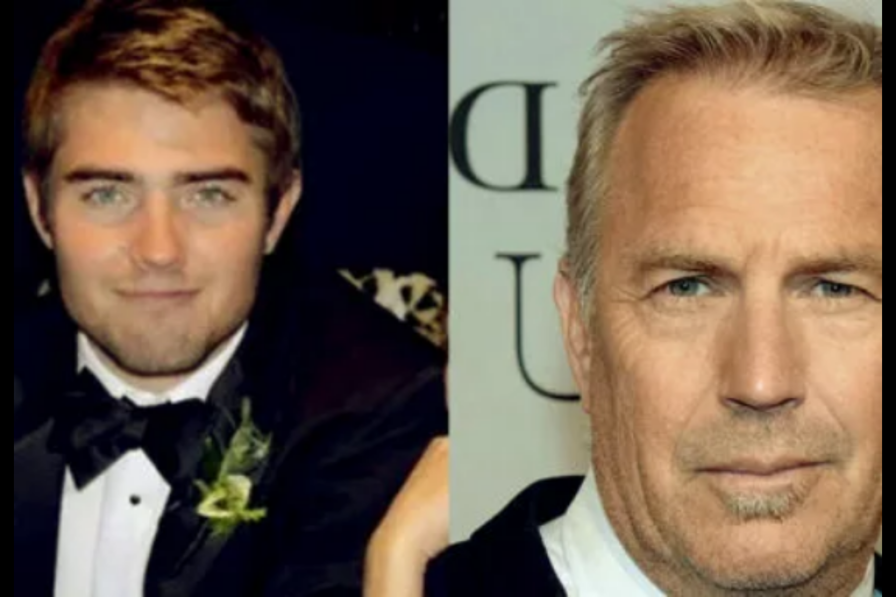 On the left side of the picture, Joe Costner is wearing a tuxedo, while his father, Kevin Costner, is on the right