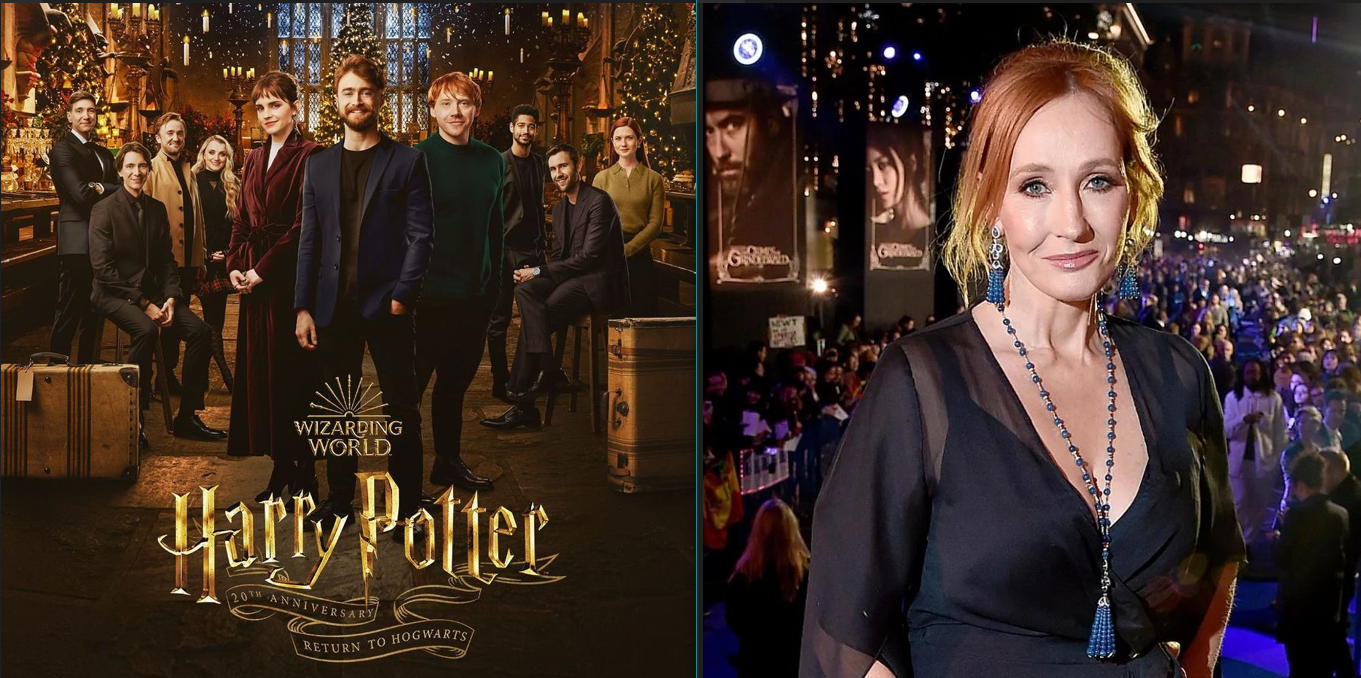Poster for ‘Harry Potter 20th Anniversary’ and J.K. Rowling in black dress and matching earrings and necklace