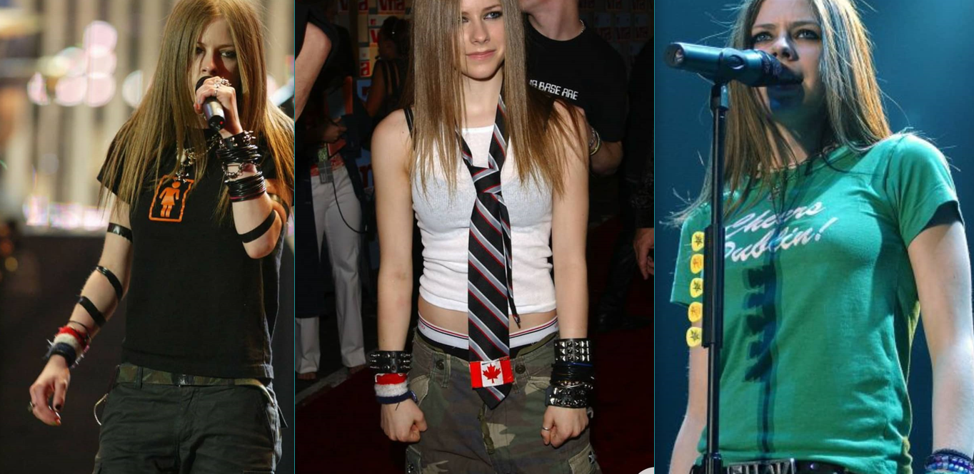 Avril Lavigne in black T-shirt, camouflage pants, green T-shirt, arm bands and spike bracelets