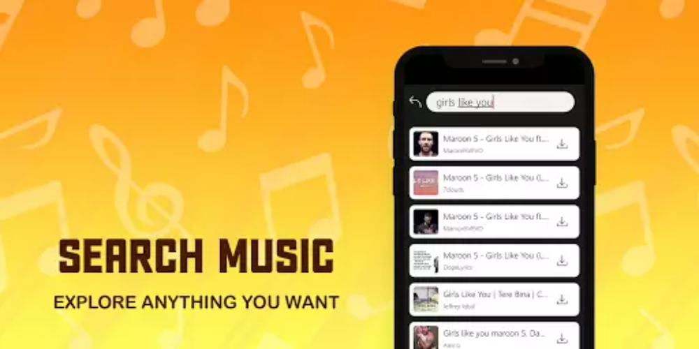 Black text " Search Music Explore Anything You Want" and a phone with a list of songs on a an orange background