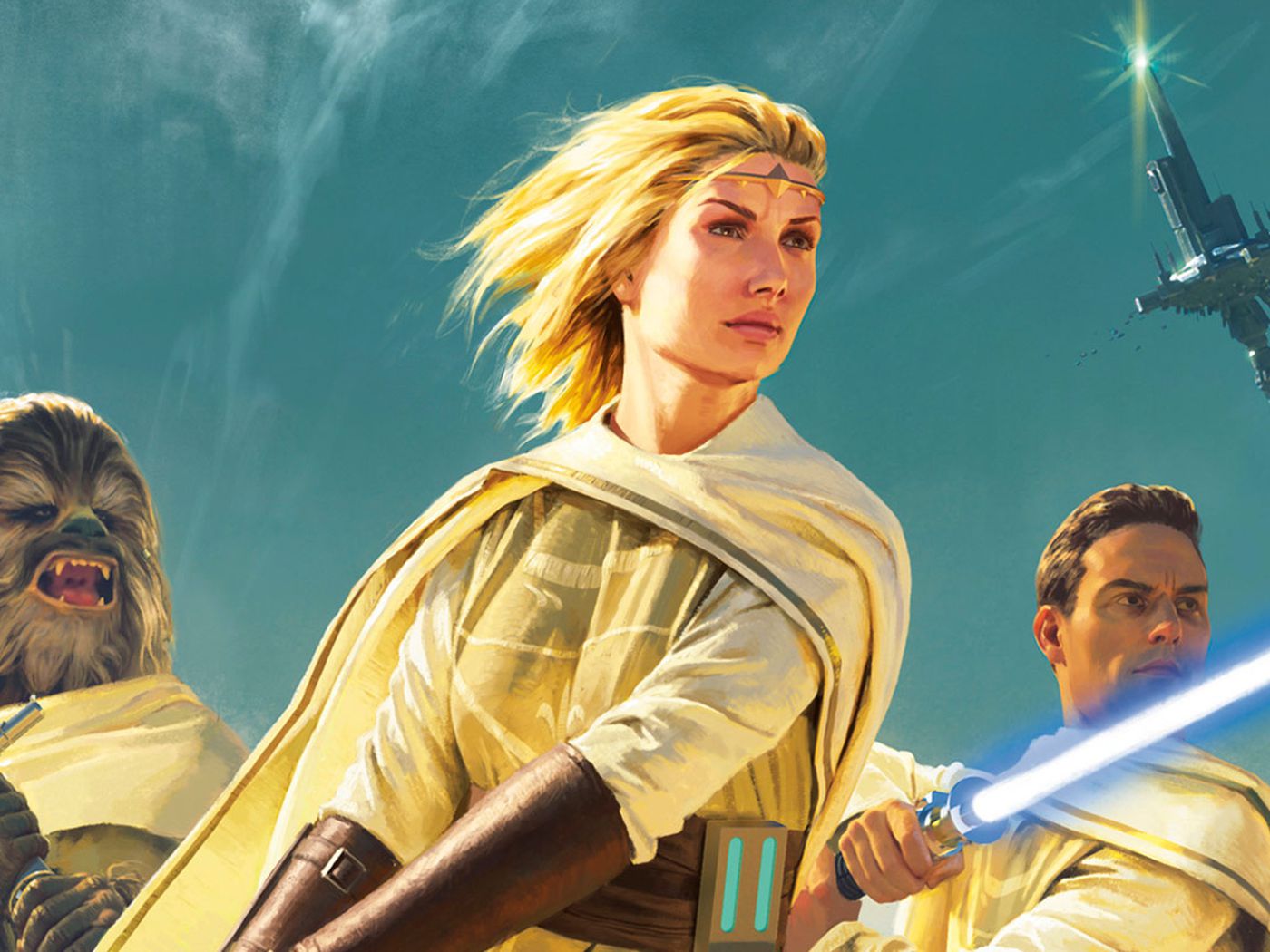 One cartoon character holding a blue lightsaber sword, a lady character ready for a fight and behind her is Chewbacca